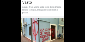 Scritte contro giudici minorili e assistenti sociali sono comparse questa mattina a Vasto, vicino la struttura protetta dove si trovano i bambini della cosiddetta famiglia nel bosco e luoghi della città come i muri di recinzione della questura, la scuola primaria ‘Martella’, la sede dei Servizi sociali in via Bosco e la chiesa.dell’Incoronata